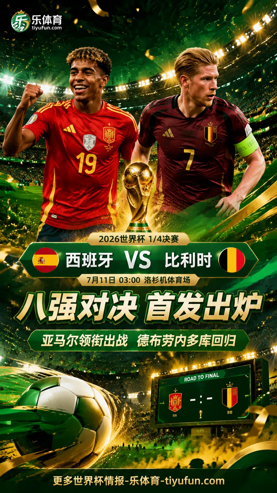 2026世界杯1/4决赛首发出炉：亚马尔、罗德里出战，德布劳内多库回归