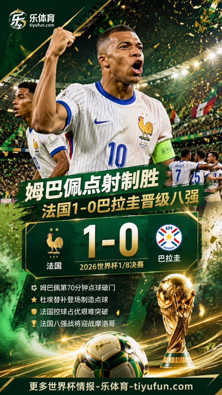 2026世界杯全场战报：姆巴佩点射制胜，法国1-0巴拉圭晋级八强