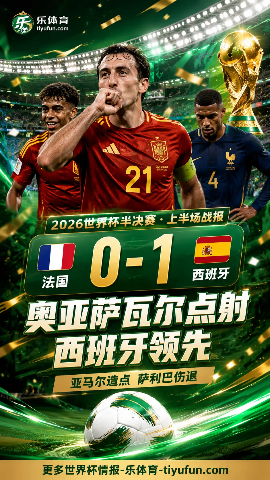 2026世界杯半场战报：奥亚萨瓦尔点射，西班牙1-0领先法国