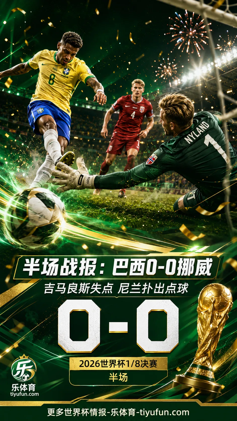 2026世界杯半场战报：巴西0-0挪威，吉马良斯失点尼兰扑出点球