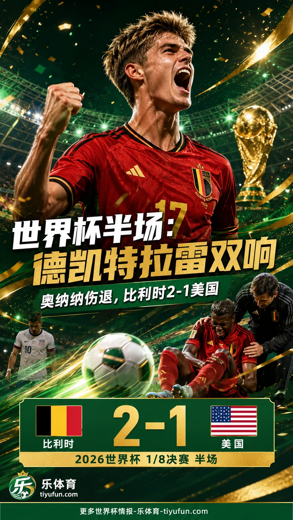 2026世界杯半场战报：德凯特拉雷双响，奥纳纳伤退，比利时2-1美国