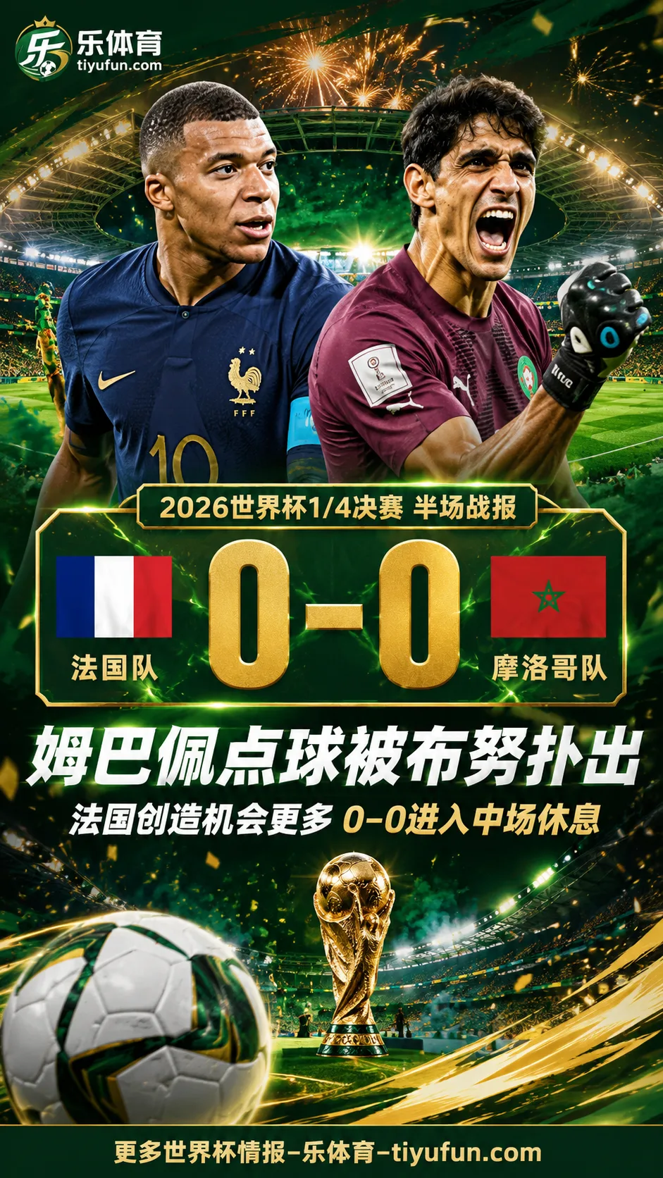 2026世界杯半场战报：法国0-0摩洛哥，姆巴佩点球被布努扑出
