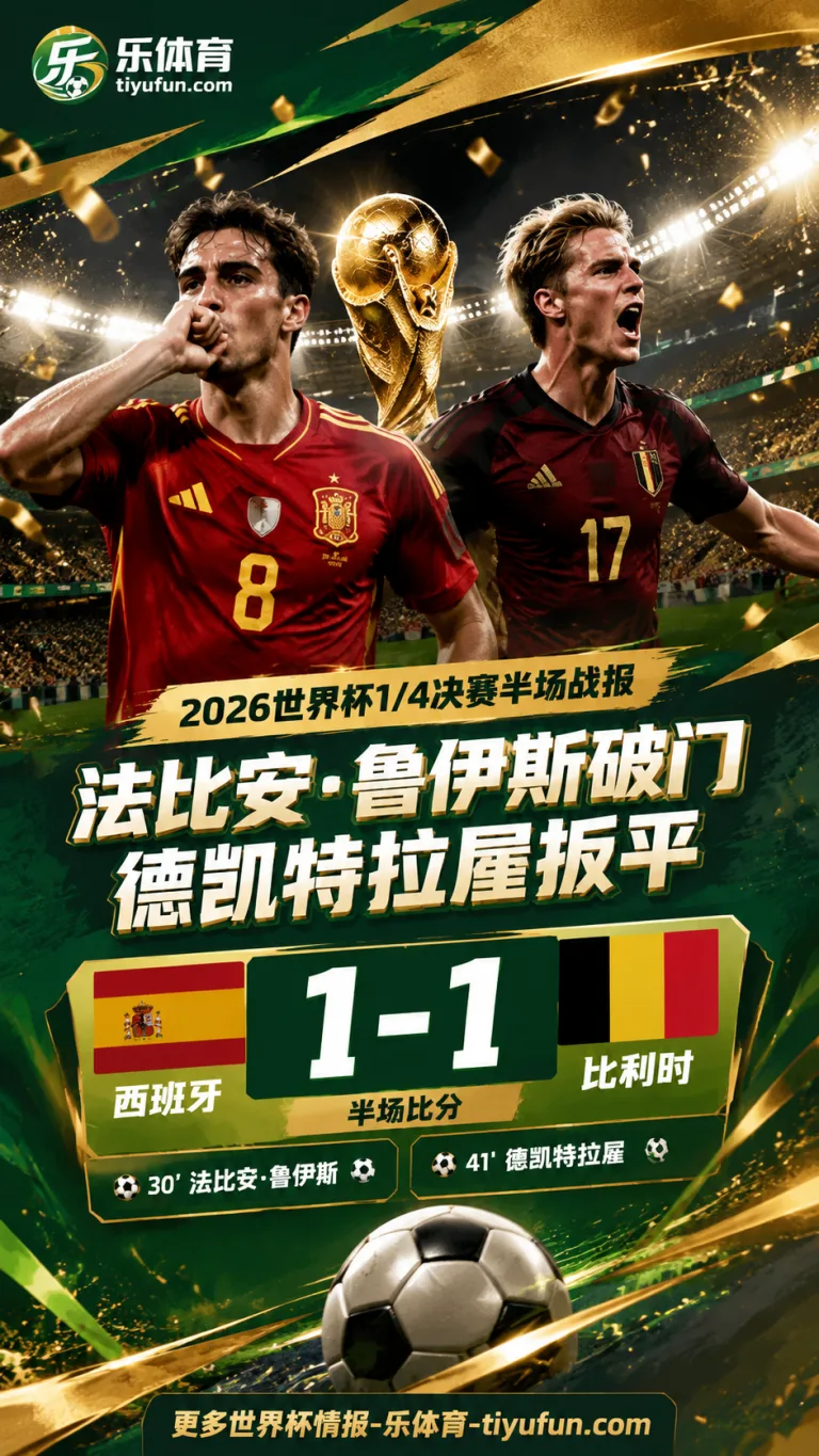 2026世界杯半场战报：法比安·鲁伊斯破门，德凯特拉雷扳平，西班牙1-1比利时