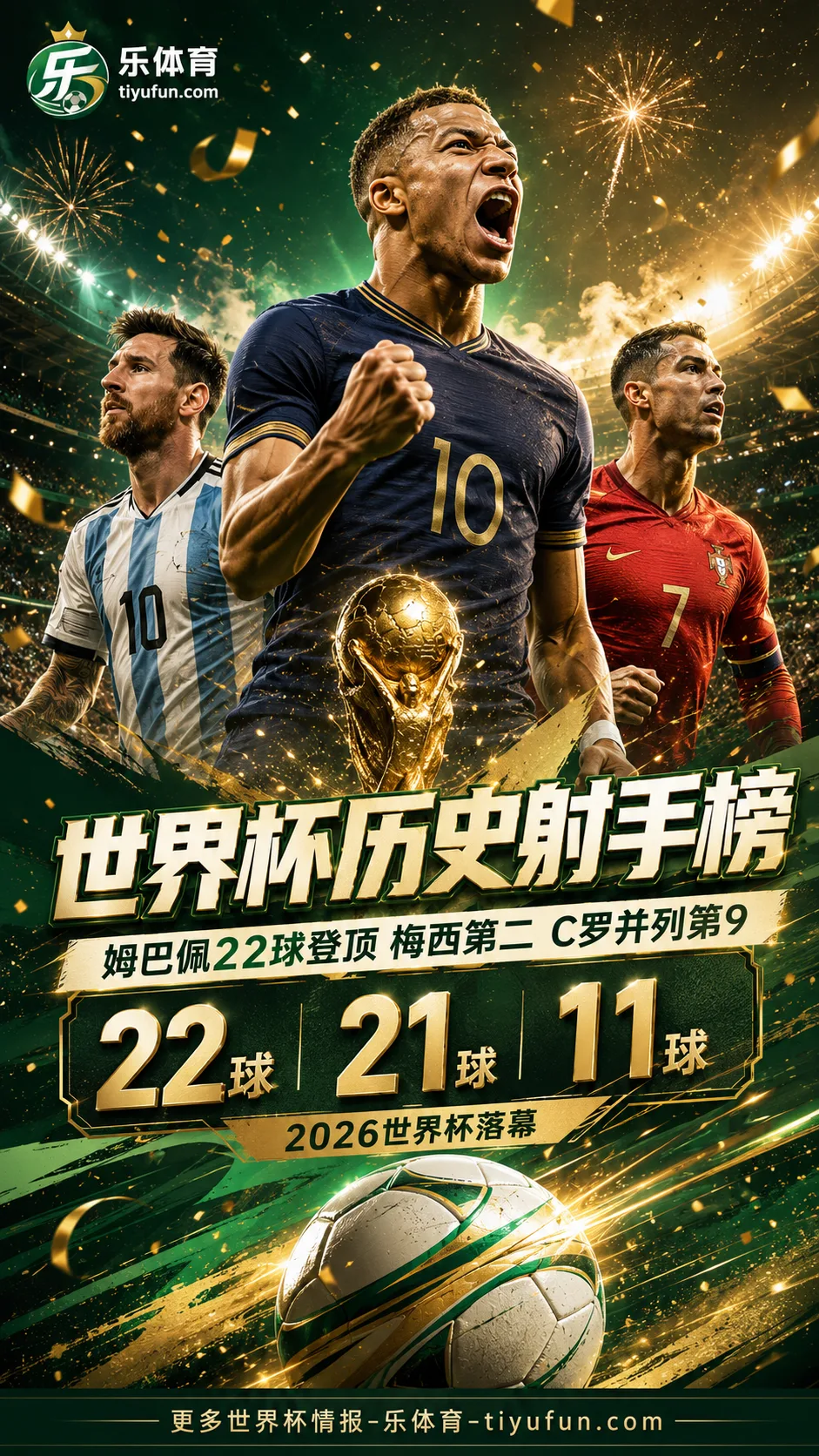 2026世界杯历史射手榜：姆巴佩22球登顶，梅西21球第二，C罗并列第9