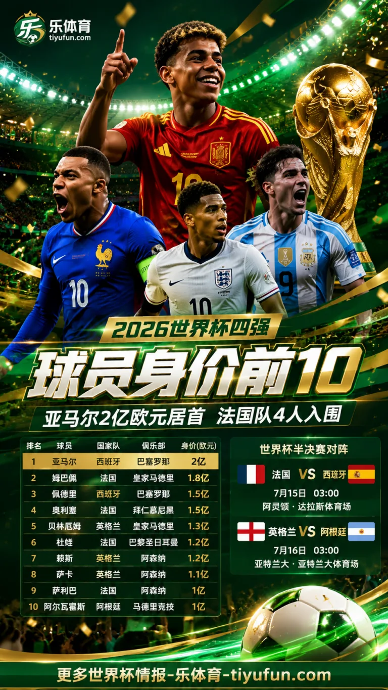 2026世界杯四强球员身价前10：亚马尔2亿欧元居首，法国队4人入围