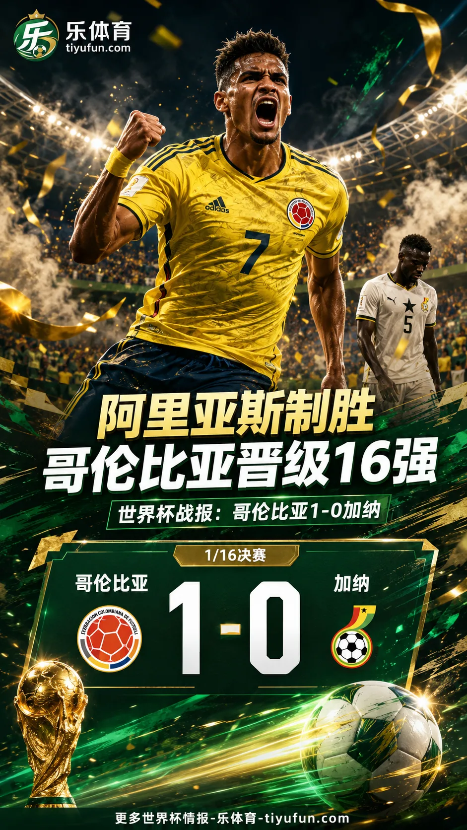 2026世界杯战报：阿里亚斯制胜，哥伦比亚1-0加纳进16强