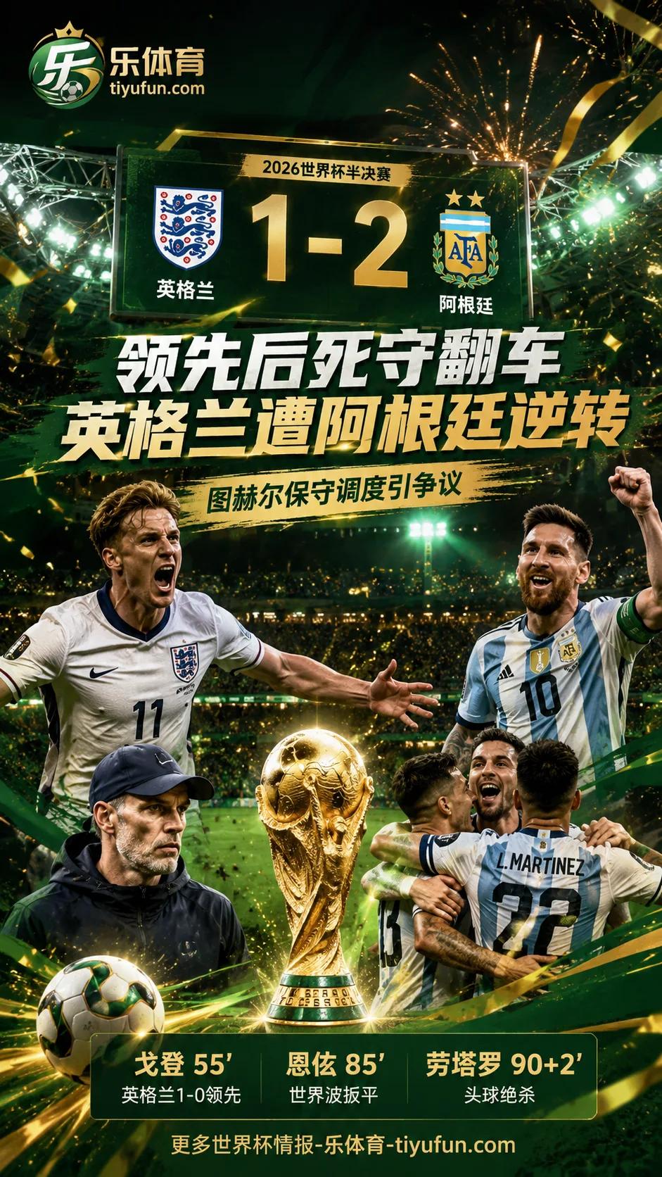 2026世界杯战报：领先后转入五后卫仍遭逆转，英格兰1比2阿根廷，图赫尔调度引争议