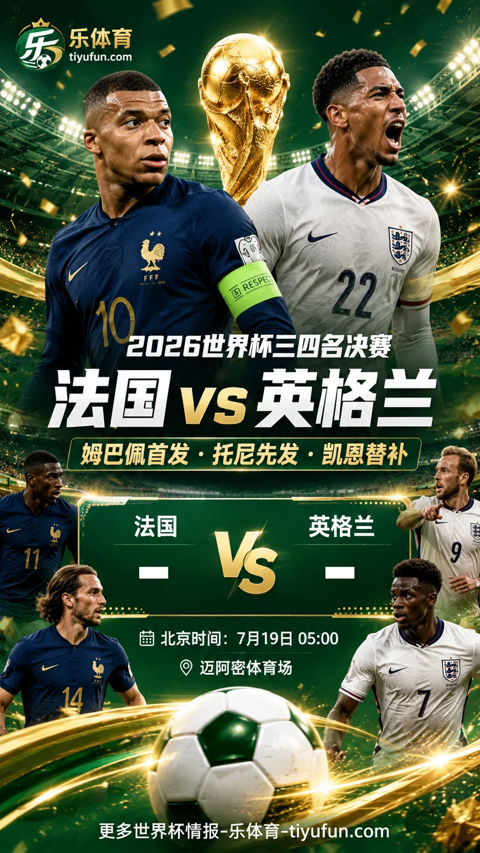 2026世界杯法国vs英格兰首发：姆巴佩领衔，托尼先发凯恩替补