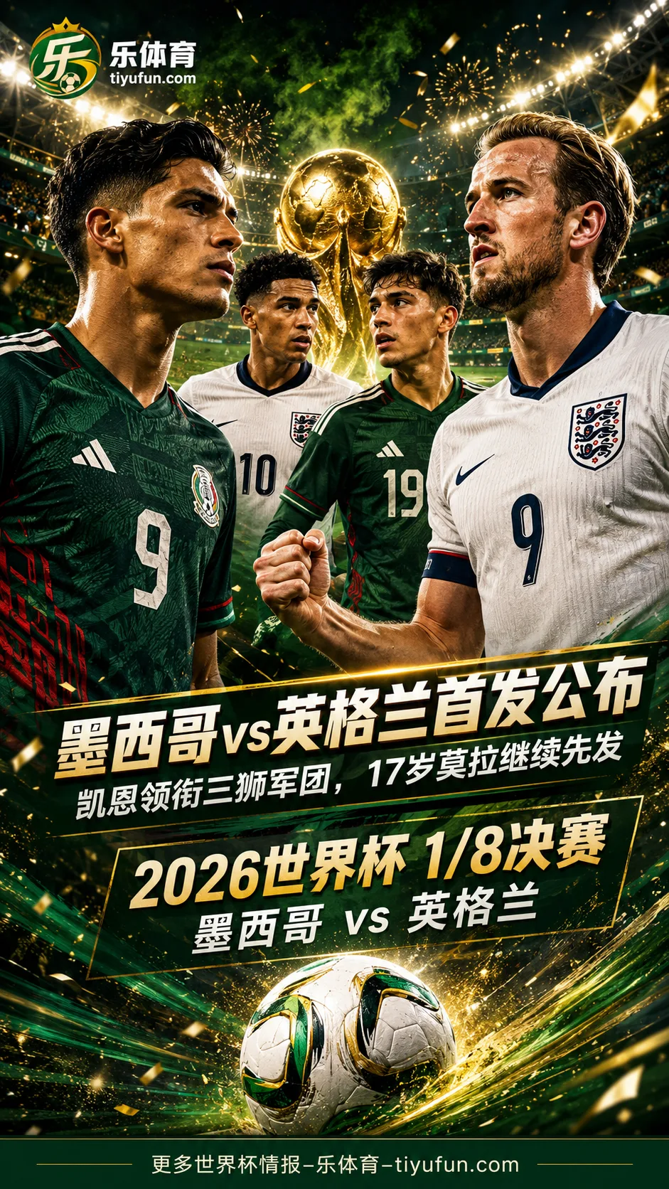 2026世界杯｜墨西哥vs英格兰首发：凯恩领衔，萨卡、戈登、希门尼斯出战