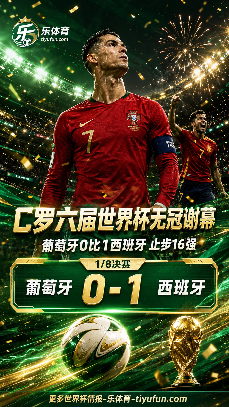C罗国家队233场146球：葡萄牙0-1西班牙，六届世界杯无冠谢幕