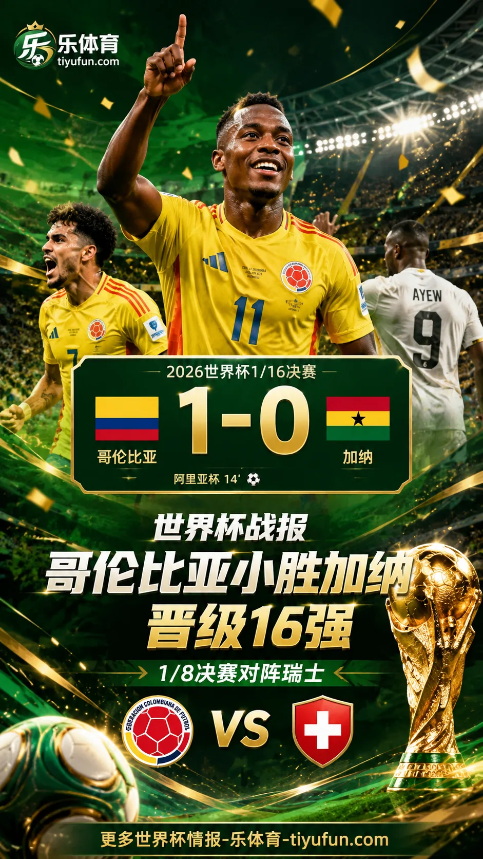 哥伦比亚1-0加纳晋级16强，将战瑞士