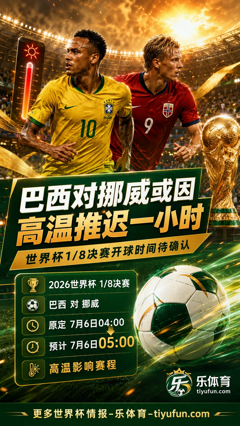巴西vs挪威或因高温推迟一小时，2026世界杯1/8决赛赛程待FIFA确认