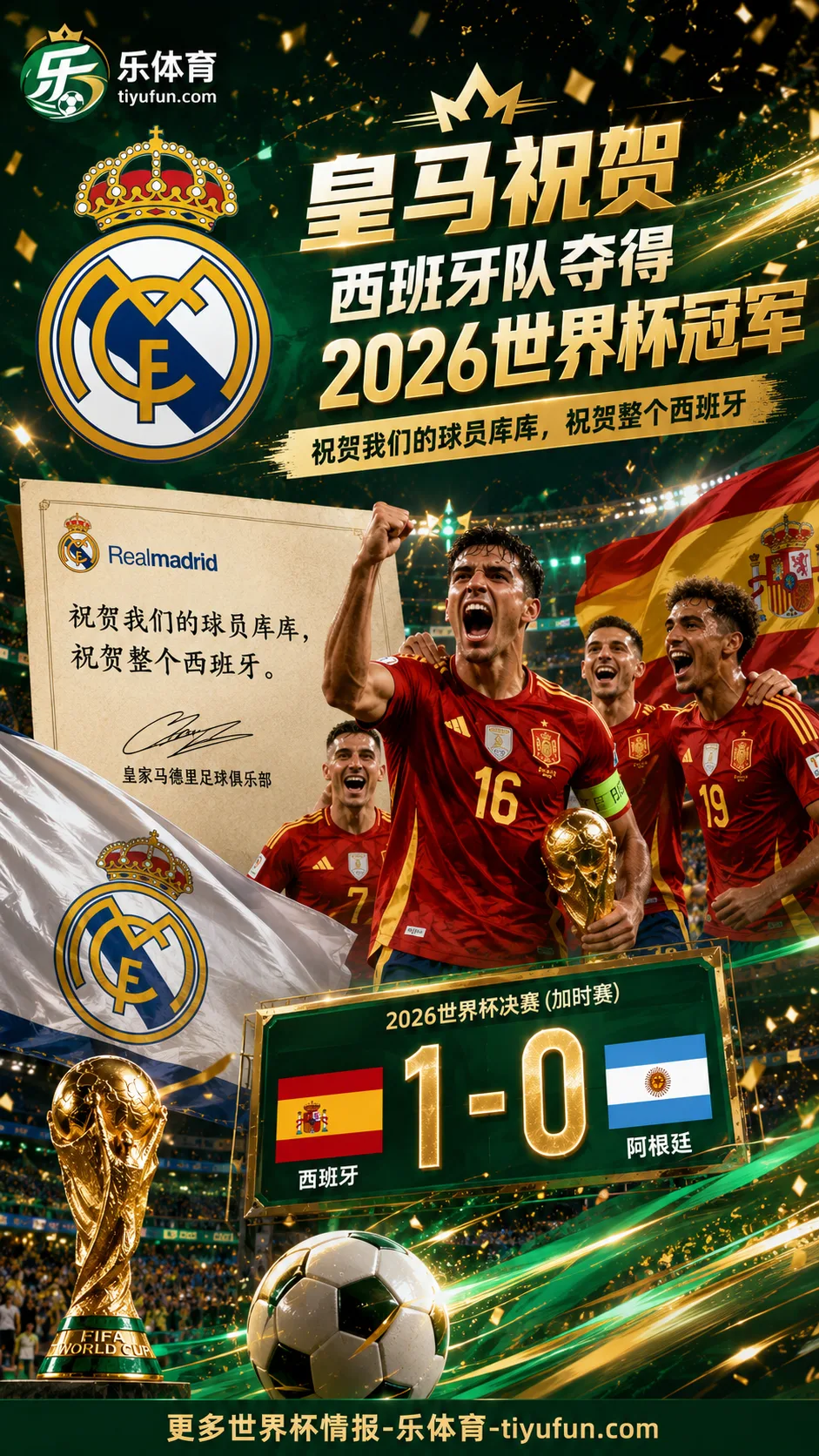 西班牙1-0击败阿根廷夺得2026世界杯，皇马发贺信祝贺库库与全队
