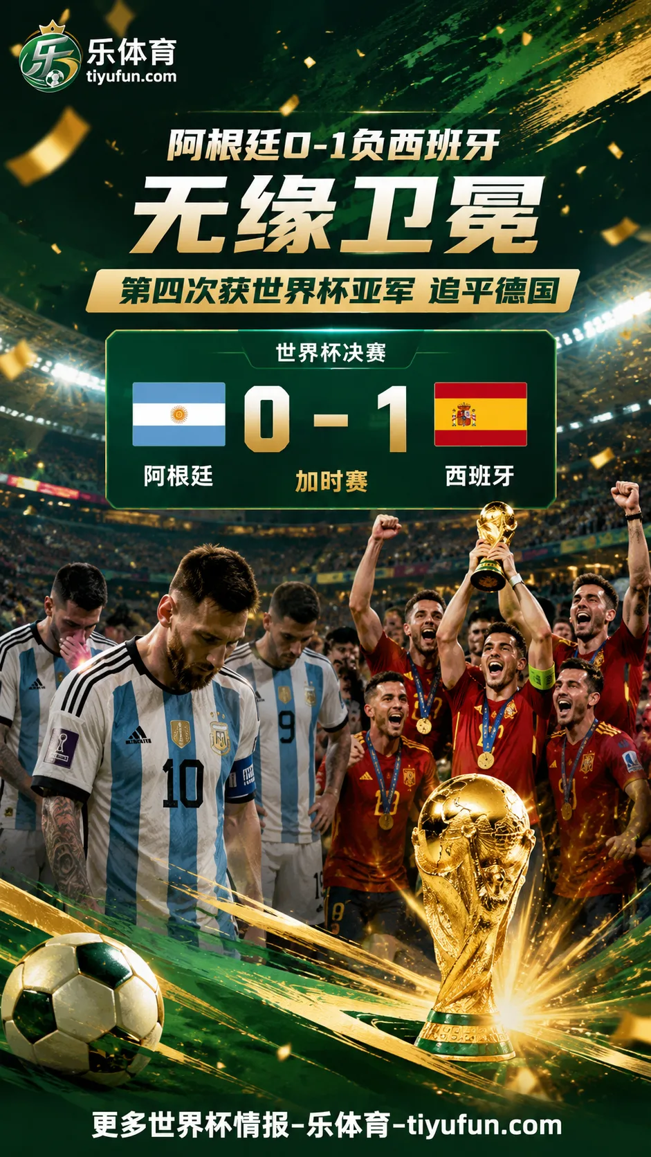 阿根廷加时0-1负西班牙无缘卫冕，第四次获世界杯亚军追平德国