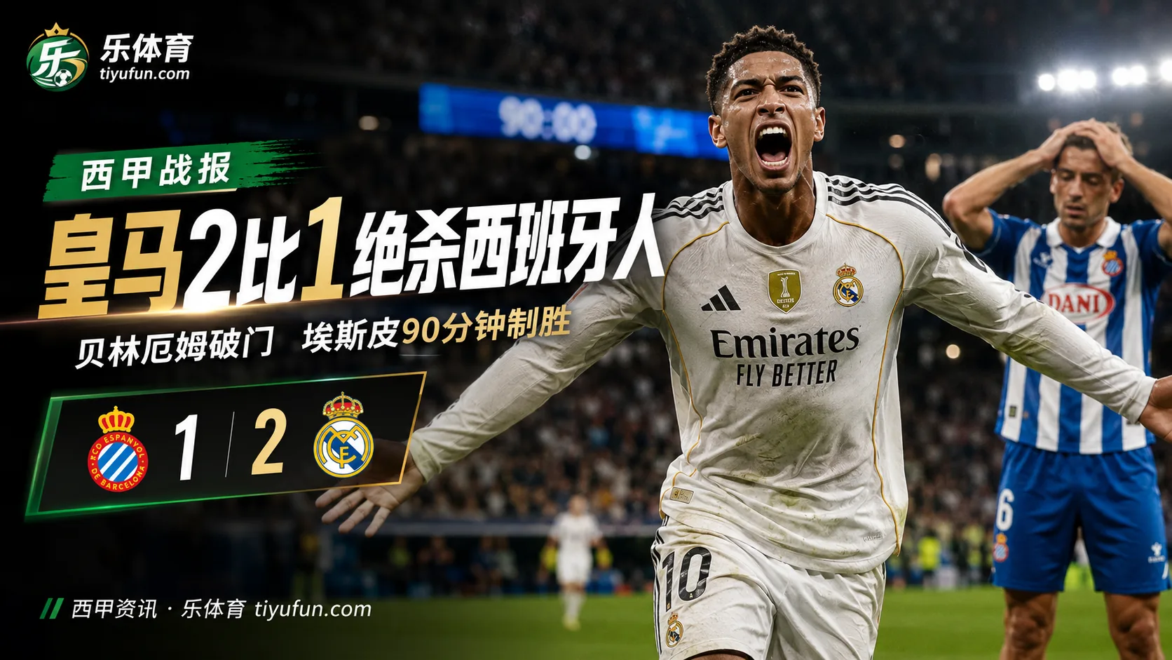 西甲战报：皇马2-1绝杀西班牙人，贝林厄姆破门埃斯皮90分钟制胜