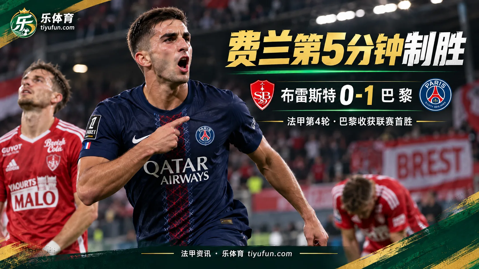 法甲战报：布雷斯特0-1巴黎，费兰第5分钟制胜助球队取联赛首胜