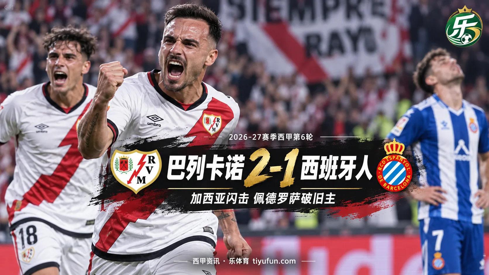 西甲战报：巴列卡诺2-1西班牙人，加西亚闪击佩德罗萨破旧主
