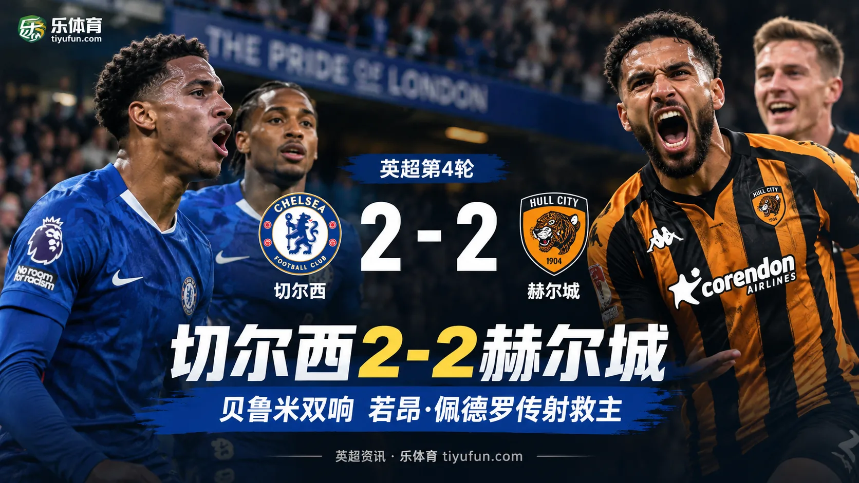 英超战报：切尔西2-2赫尔城，贝鲁米双响，若昂·佩德罗传射救主
