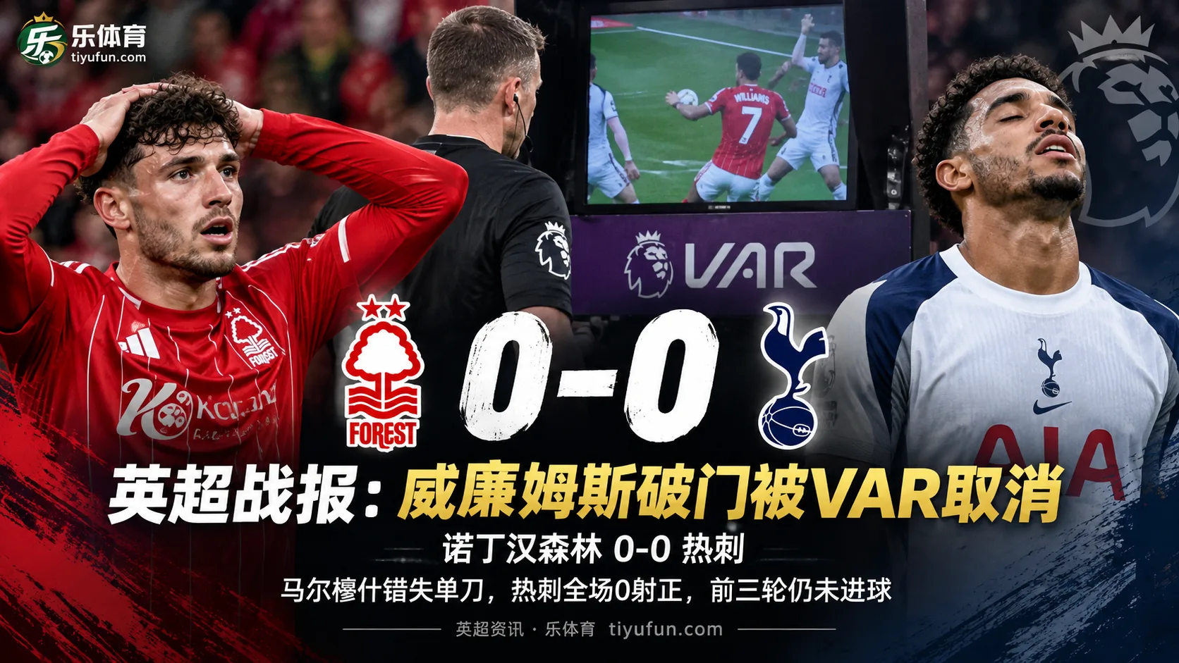 英超战报：威廉姆斯破门被VAR取消，诺丁汉森林0-0热刺