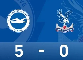 英超战报：布莱顿5-0大胜水晶宫，开场10分钟连入3球