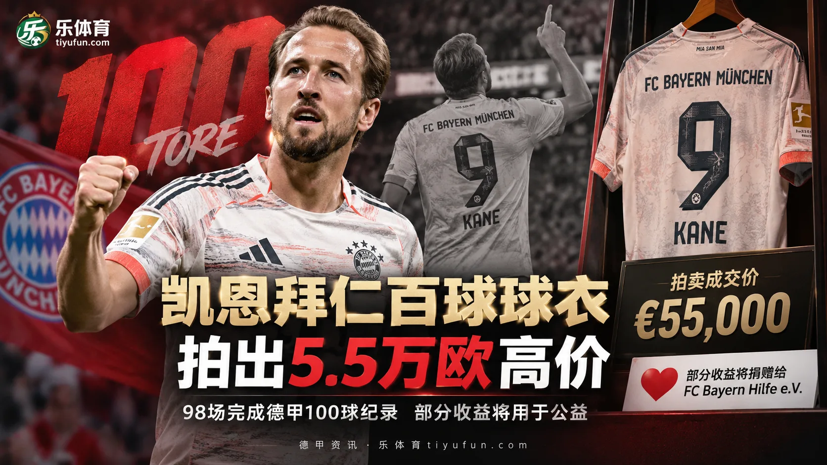 凯恩德甲第100球比赛球衣被报道拍出5.5万欧元