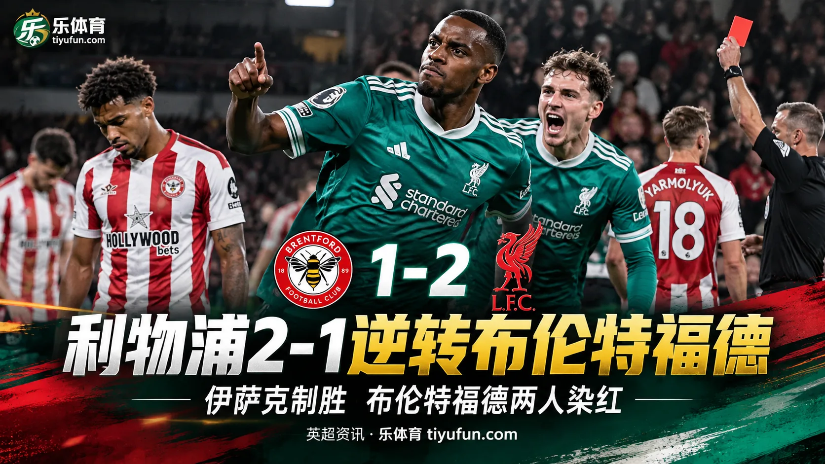 英超战报：利物浦2-1逆转布伦特福德，伊萨克制胜两人染红